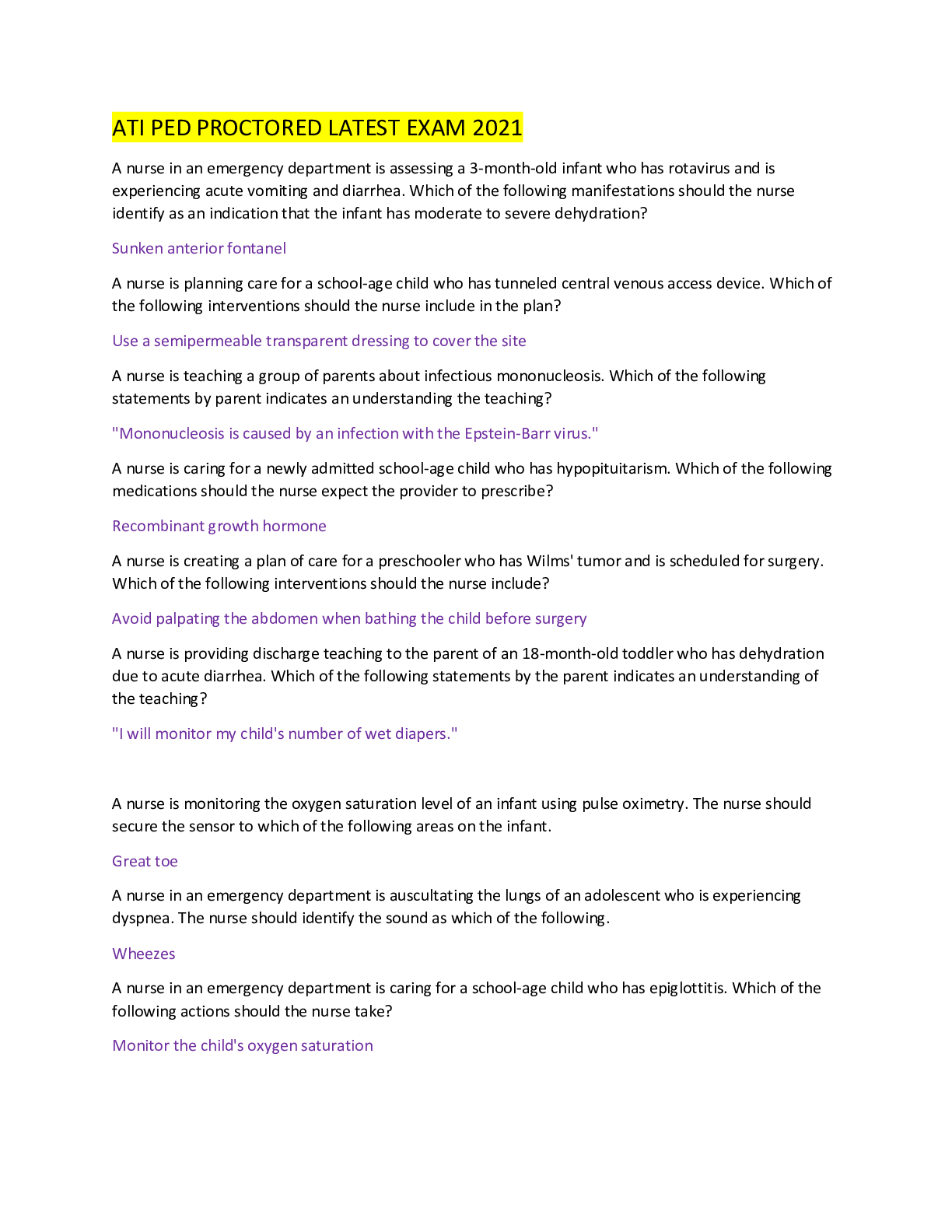 Preview image for ATI PED PROCTORED LATEST EXAM 2021 100% CORRECT